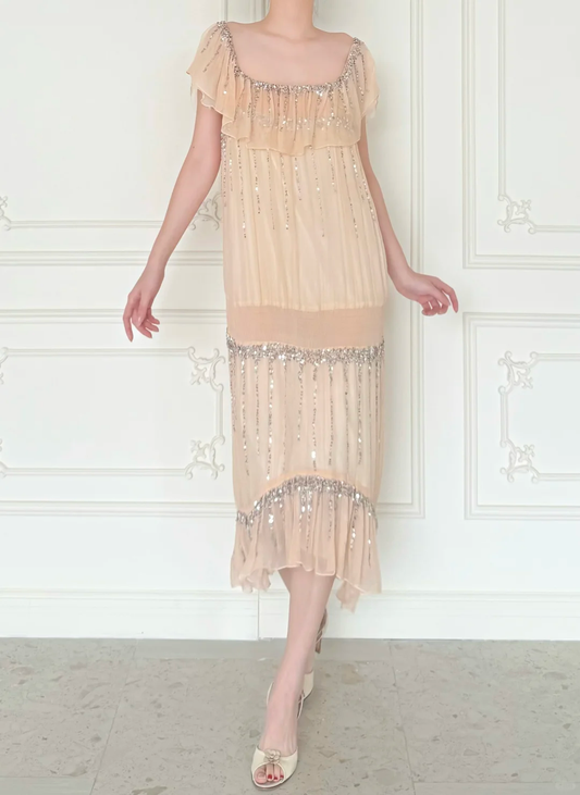 Vintage A Line Square Neck Sequin Chiffon Prom Dress Evening Dress DP6448