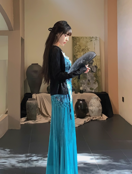 Blue Print Floral Mermaid Spaghetti Straps Chiffon Long Date Dress Party Dress Outfits DP3426