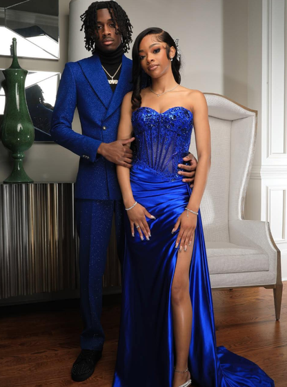 Royal Blue High Slit Sheath Strapless Corset Beaded Satin Long Prom Dress DP5056