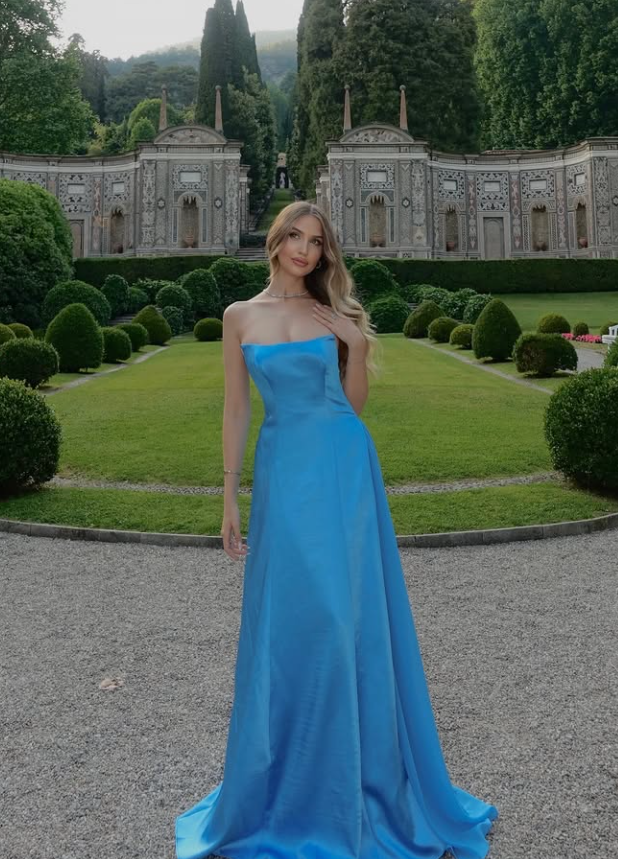 Dodger Blue Elegant A Line Strapless Chiffon Satin Long Prom Dress Evening Dress DP3303