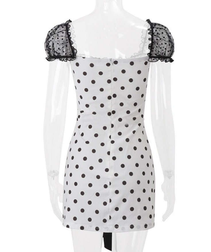 Cute A Line Puff Black Lace Polka Dot Satin Short Homecoming Dress Outfits DP4024
