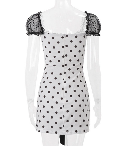 Cute A Line Puff Black Lace Polka Dot Satin Short Homecoming Dress Outfits DP4024