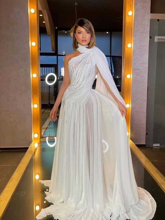 Elegant A Line One Shoulder Beaded White Satin Prom Dress Evening Dress DP1855