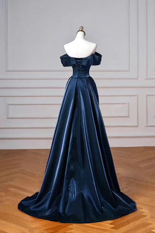 Elegant Mermaid Off the Shoulder Navy Blue Satin Long Prom Dresses Evening Gowns DP4209