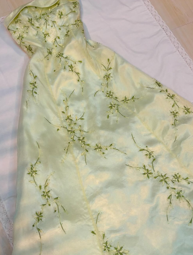 Elegant A Line Strapless Embroidery Light Yellow Satin Prom Dress Evening Dress DP1641