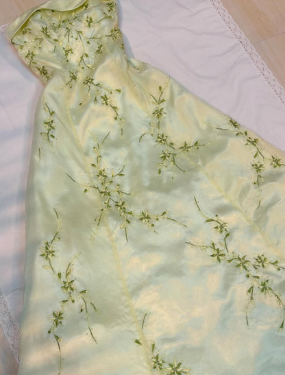 Elegant A Line Strapless Embroidery Light Yellow Satin Prom Dress Evening Dress DP1641