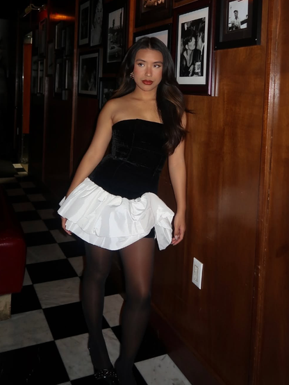 Cute A Line Strapless White Satin Black Velvet Short Homecoming Dress Evening Dress DP1920