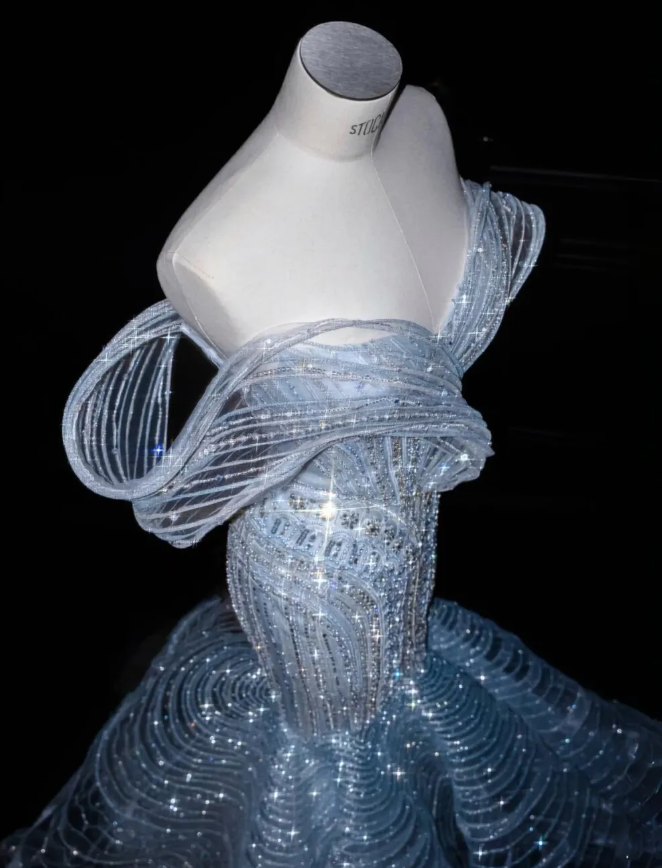 Baby Blue Beaded Dreamy Mermaid Off the Shoulder Tulle Prom Dress Evening Dress Date Dress DP3097