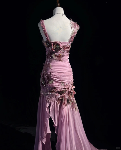 Vintage Mermaid Straps 3D Flower Beaded Chiffon Chiffon Long Prom Dress Party Dress with Slit DP2767