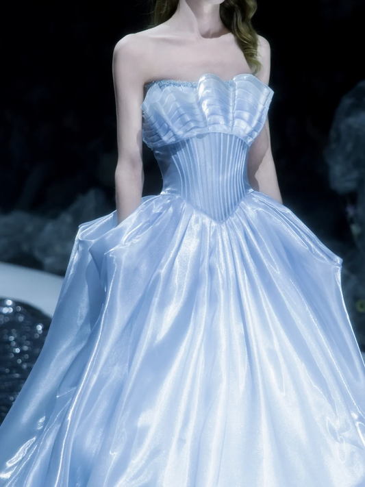 Baby Blue A Line Strapless Pleated Satin Long Prom Dress DP2837