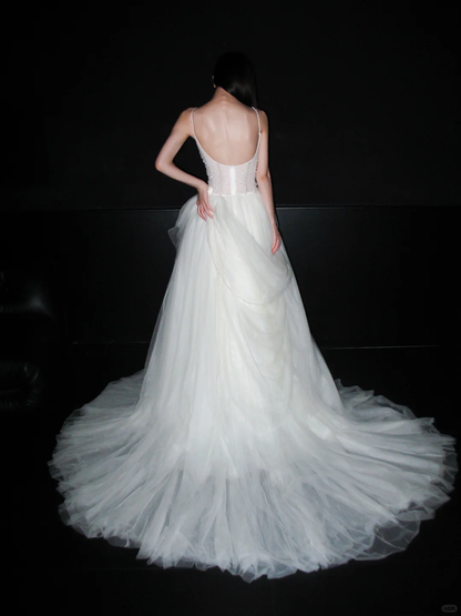 Pretty A Line Spaghetti Straps Pearl White Tulle Long Wedding Dress DP5798