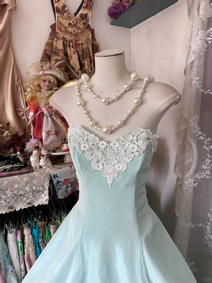 Light Baby Blue Vintage A Line Strapless Lace Satin Short Homecoming Dress Outfits DP5005