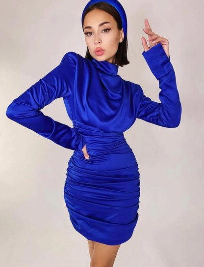 Sexy Burgundy Sheath Long Sleeve Pleated Satin Short Homecoming Dress Cocktail Dress DP3857