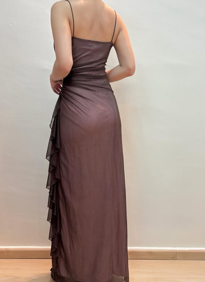 Vintage Brown Sheath Straps Ruffle Chiffon Prom Dress Evening Dress Date Dress DP5272