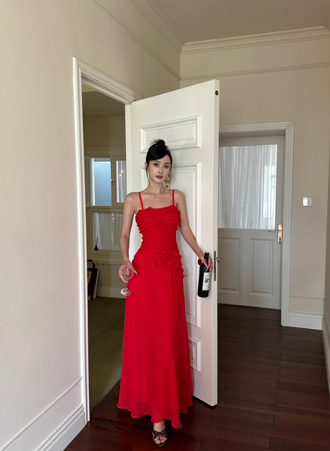 Charming Red A Line Spaghetti Strap Chiffon Prom Dress Date Dress Outfits DP3457