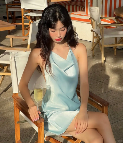 Baby Blue A Line Halter Satin Open Back Mini Homecoming Dress DP2822