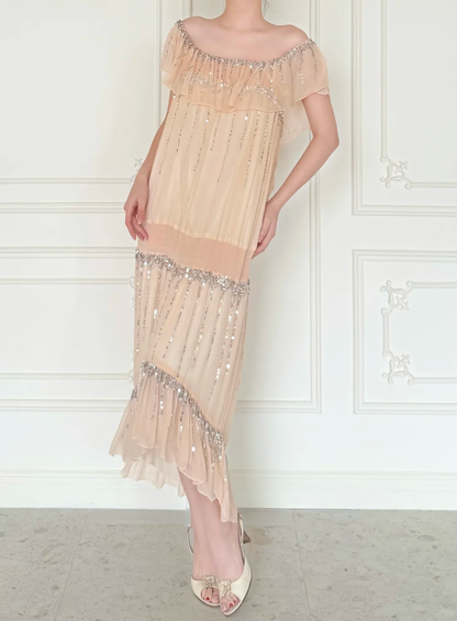 Vintage A Line Square Neck Sequin Chiffon Prom Dress Evening Dress DP6448