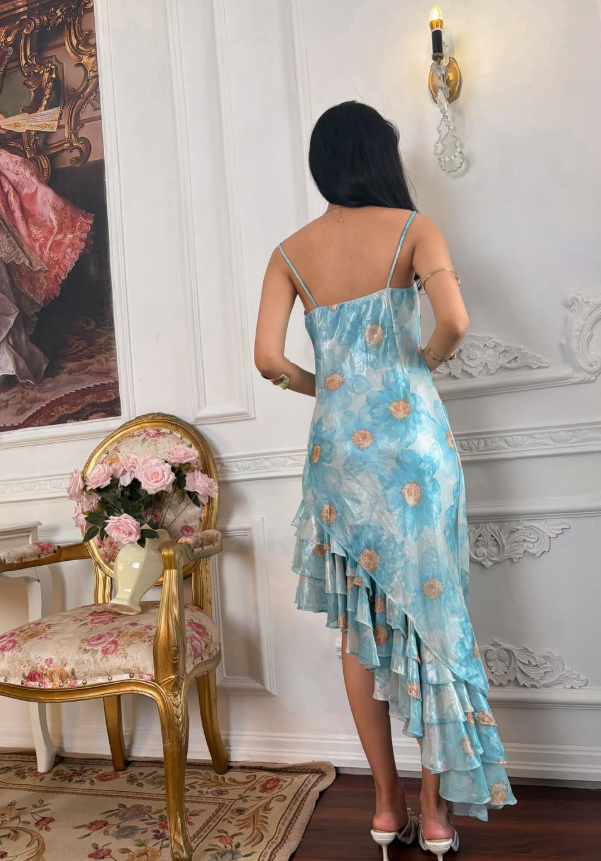 Cute Blue Print Floral Sheath Straps Ruffle Chiffon Prom Dress Evening Dress DP5129