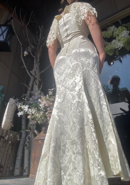 Vintage Elegant Mermaid V Neck Print Floral Satin Wedding Dress Prom Dress DP5533
