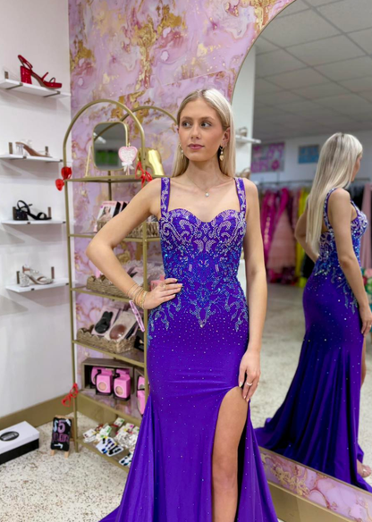 Purple Mermaid Straps Exquisite Beaded Satin Slit Long Prom Dress Evening Dress DP6262