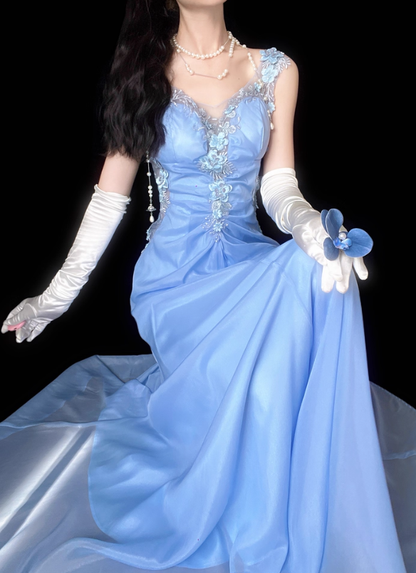 Elegant Blue A Line Spaghetti Strap Appliques Beaded Satin Backless Prom Dress DP4695