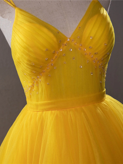 Yellow V Neck Tulle Beaded Long Prom Dress Evening Dress DP640