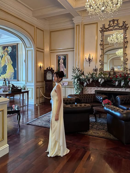 Elegant Ivory Sheath Halter Satin Long Prom Dress Evening Dress DP3968