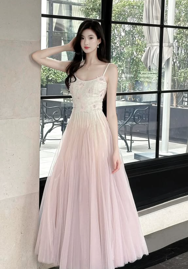 Princess Pink Ombre A Line Straps Floral Tulle Prom Dress Evening Dress DP5264