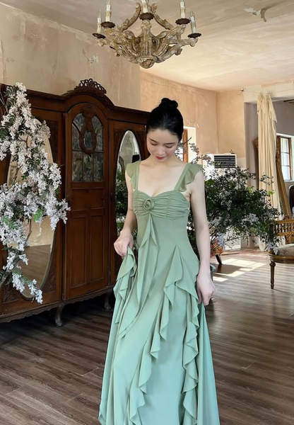 Summer Green A Line Straps Ruffle Chiffon Prom Dress Evening Dress DP5430