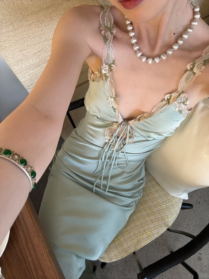 Sage Green Sheath Spaghetti Strap Appliques Satin Long Prom Dress Party Dress Outfits DP4531
