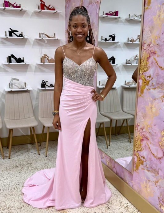 Pink Sheath Spaghetti Straps Beaded Satin Slit Prom Dress Party Evening Dress DP6302