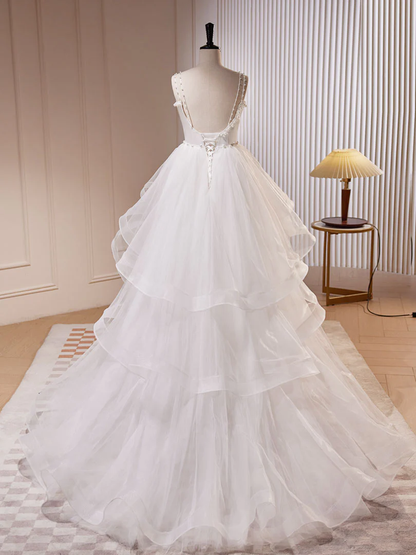 White A-Line Tulle Sweet 16 Dress Long Prom Dress Wedding Dress DP059