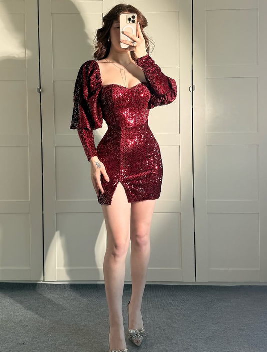 Sexy Shiny Sheath Long Sleeve Burgundy Sequin Short Homecoming Dress Cocktail Dress DP5042