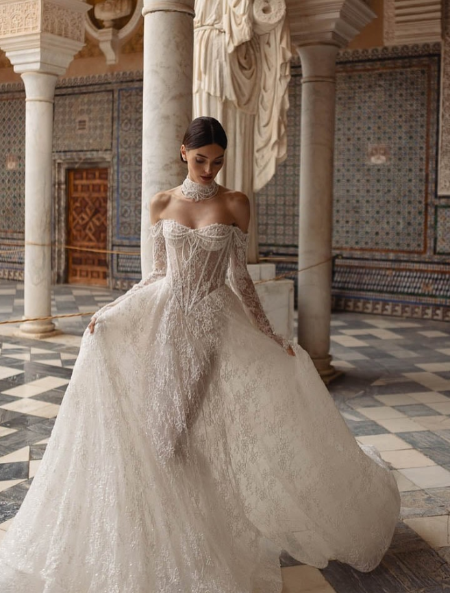 Classic Ball Gown Long Sleeve Pearl Lace Wedding Dress Prom Dress DP3824