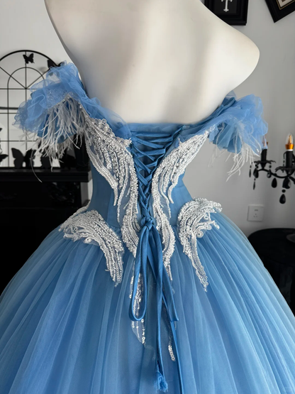 Blue Ball Gown Off the Shoulder Feather Beaded Tulle Prom Dress Quinceanera Dress DP6956