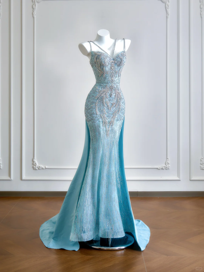 Blue Mermaid Spaghetti Strap Exquisite Beaded Satin Long Prom Dresses DP4185