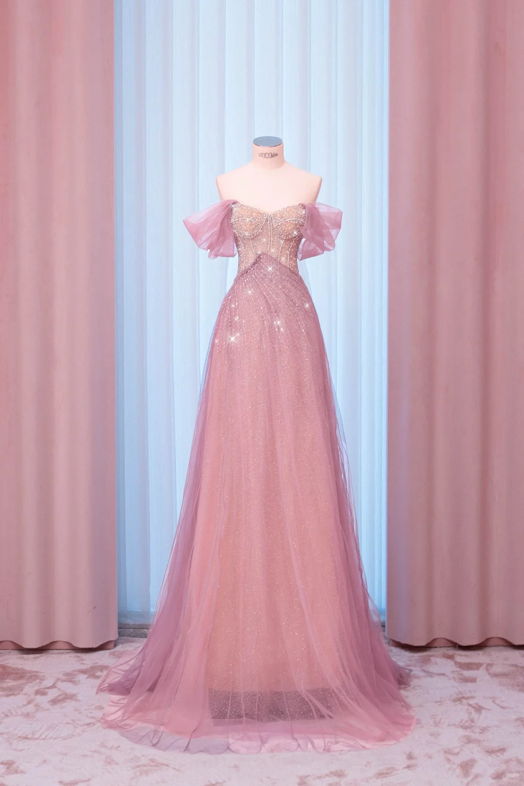 Elegant A Line Beaded Pink Tulle Long Date Dress Prom Dress Evening Dress DP3430