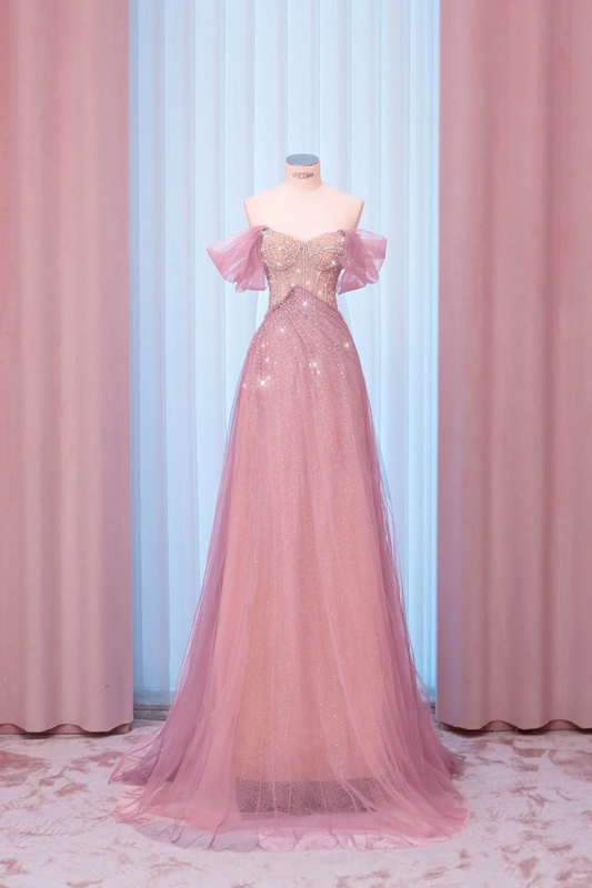 Elegant A Line Beaded Pink Tulle Long Date Dress Prom Dress Evening Dress DP3430