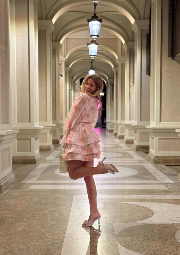 Pink Print Floral A Line Long Sleeve Chiffon Homecoming Dress Vacation Dress Outfits DP3493