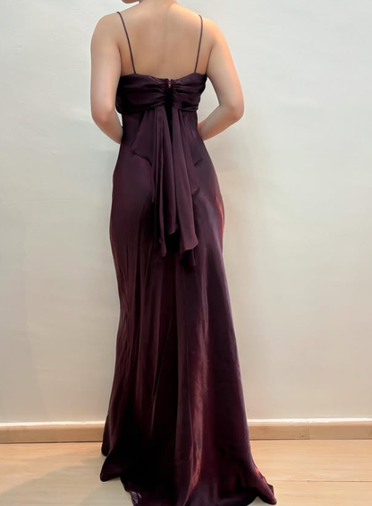Vintage Dark Burgundy Simple Sheath Chiffon Satin Prom Dress Evening Dress Date Dress DP5284