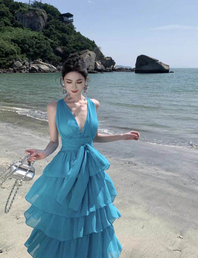 Blue Backless A Line Halter Layered Chiffon Long Vacation Dress Outfits DP3401