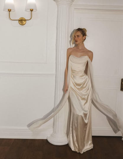 Elegant Sheath Strapless Chiffon Satin Long Prom Dress Party Dress DP3776