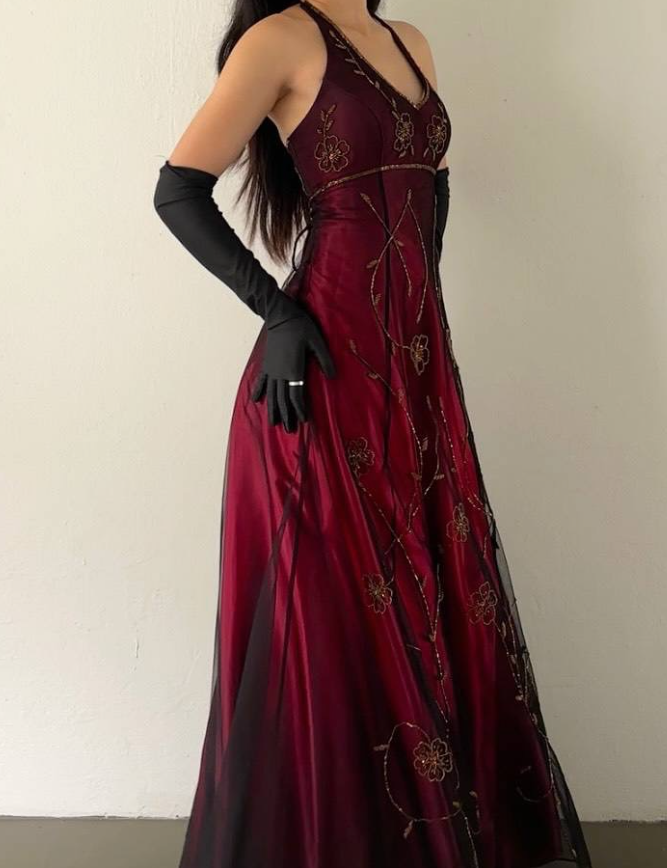 Vintage A Line Halter Beaded Burgundy Satin Black Tulle Prom Dress DP4828