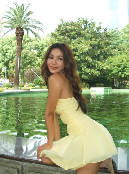 Cute Yellow A Line Sweetheart Neck Organza Short Prom Dress Homecoming Dress DP6408