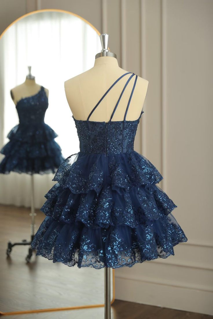 Navy Blue One Shoulder Appliques Multi-Layers Tulle Homecoming Dress Mini Party Dress DP494