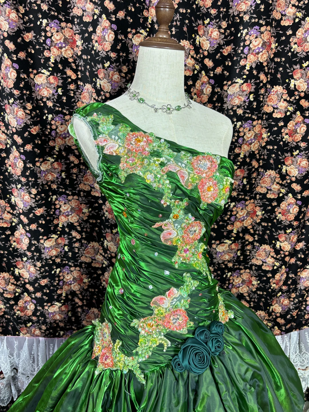 Vintage Bright Green Ball Gown One Shoulder Beaded Satin Tulle Prom Dress Sweet 16 Dress DP5652