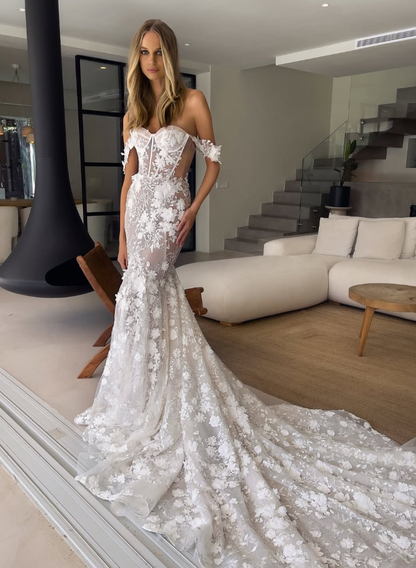Glamorous Mermaid Off the Shoulder White Lace Backless Long Train Wedding Dress DP5835