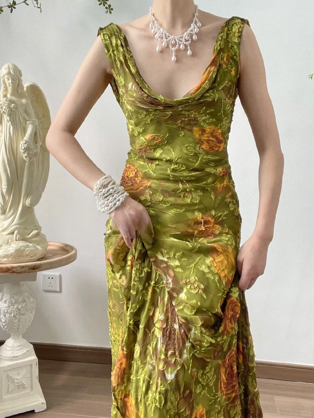 Green Exquisite Mermaid Retro Print Floral Chiffon Long Prom Dress Evening Dress DP3324