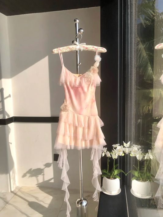 Gentle A Line Spaghetti Strap Flowy Layered Tulle Mini Homecoming Dress Cocktail Dress DP2810