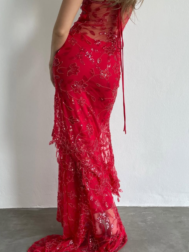 Charming Sheath Spaghetti Straps Beaded Sequined Tulle Long Prom Dress Evening Dress DP1528